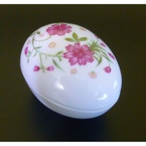 Vintage Lefton China ~ Ceramic Egg Trinket Box ~ Floral Pink Flower Design